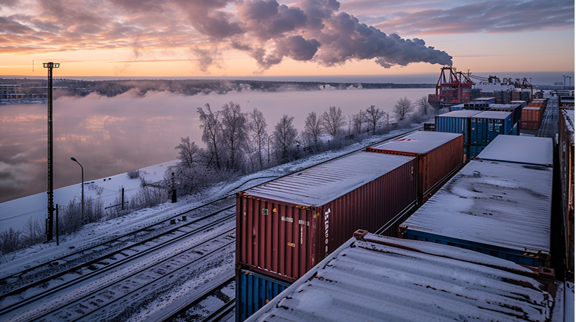 Järnvägsräls och lastcontainrar med gods i vintermiljö